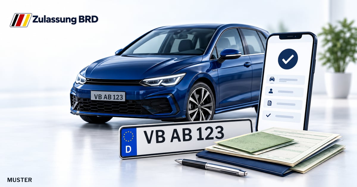 Online Fahrzeugzulassung in Mücke: Musterkennzeichen VB AB 123, Auto und Fahrzeugpapiere und Smartphone. Illustration mit Logo von Zulassung BRD.